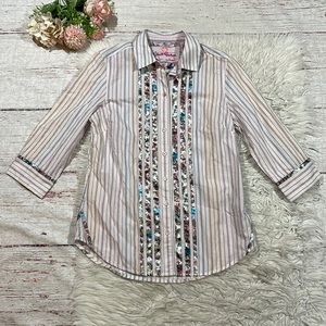Robert Graham Pinstriped Floral Silk 3/4 Sleeve Poplin Button Down Top